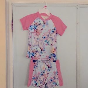 Sunshine Swing Light Blue & Pink Floral/Unicorn, Raglan Girls 10 Rashguard Set